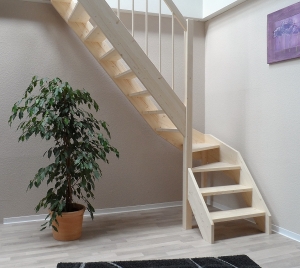 Nebentreppe mit Geländer Holz Sprossen Rundstab, 1/4 Wendelung ab 3. Stufe, 75 cm breit